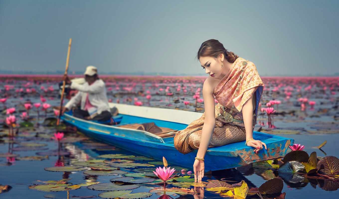lake, flowers, girl, water, red, lotus, a boat, sit, umbrella, id, under