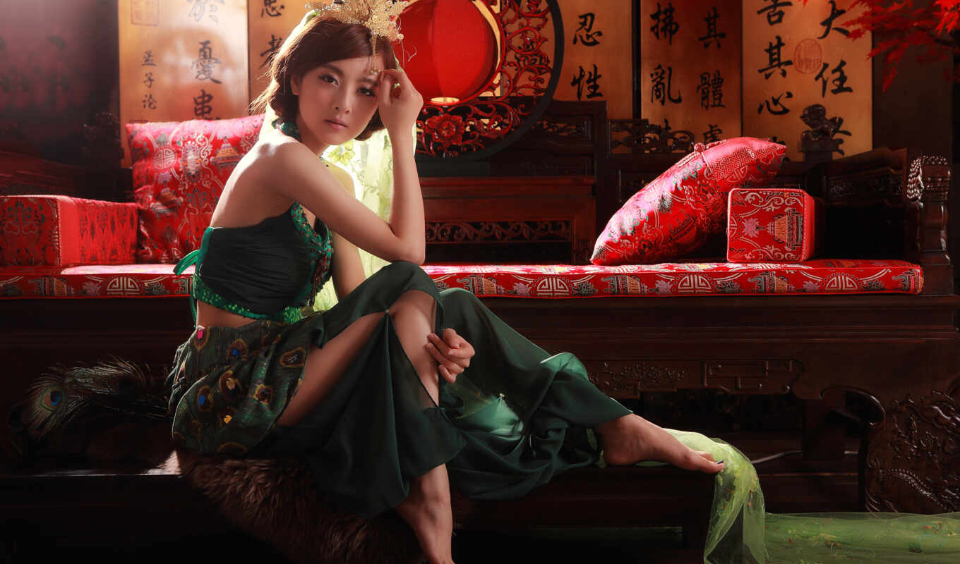 green, red, sits, asian, legs, dress, mode, lady