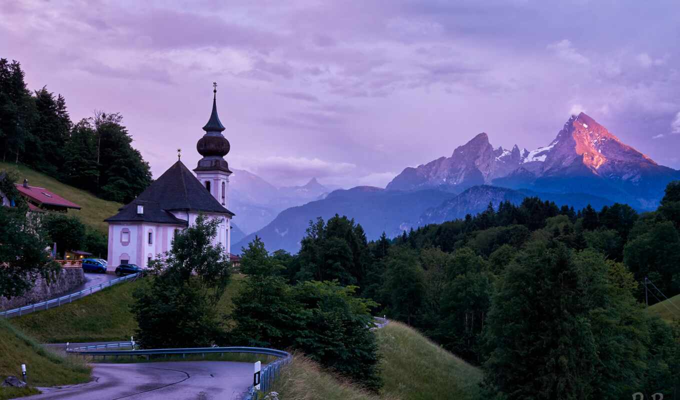 природа, гора, landscape, альпы, дорогой, church, berchtesgaden, бавария, germanii, berhtesgast