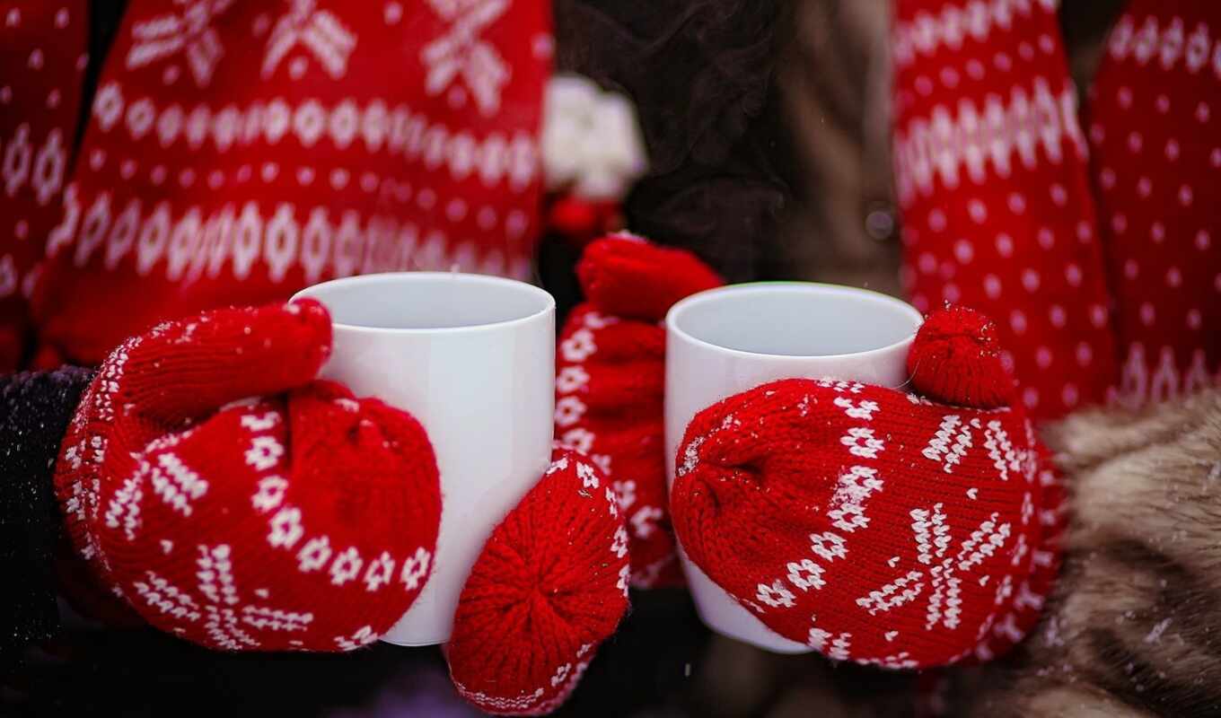 red, winter, cup, tea, glove