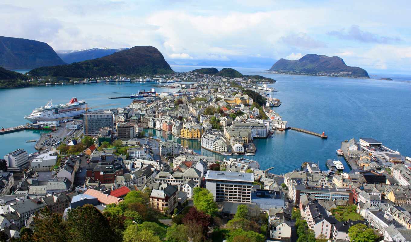 sky, picture, picture, city, sea, Norway, alesund, mountains, Aalesund