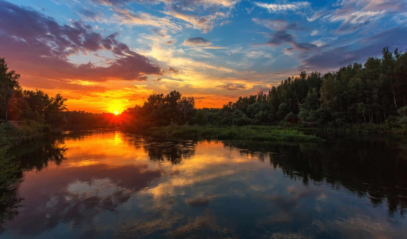 sky, paul, tree, sunset, river, reflection, ural, sahaidak