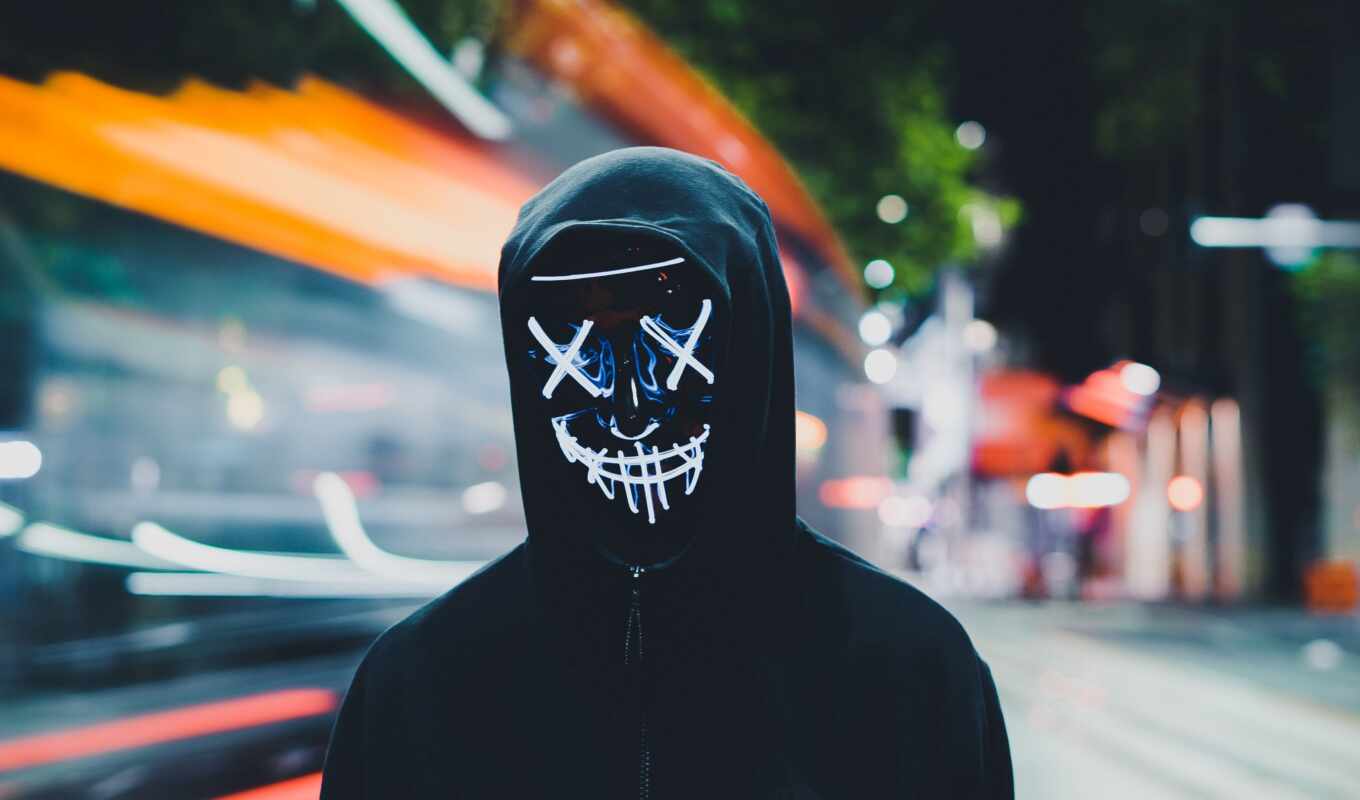 mask, hood, neon, anonymous