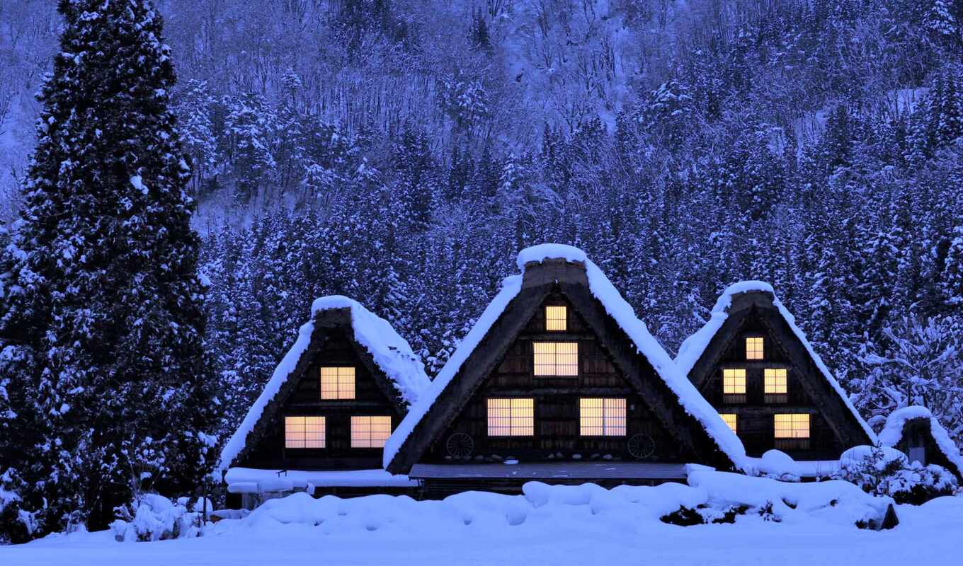 house, снег, winter, деревня, япония