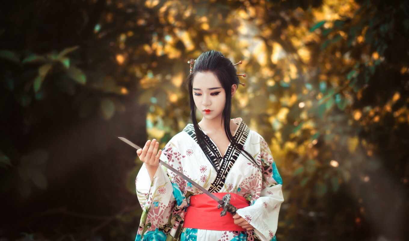 fone, девушка, меч, japanese, asian, катана, кимоно, размытом
