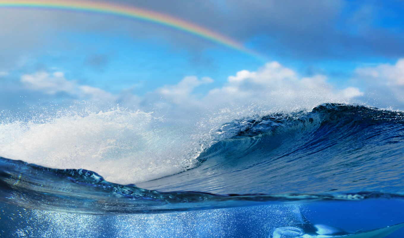 view, rainbow, water, sea, ocean, wave, split, underwater, rare