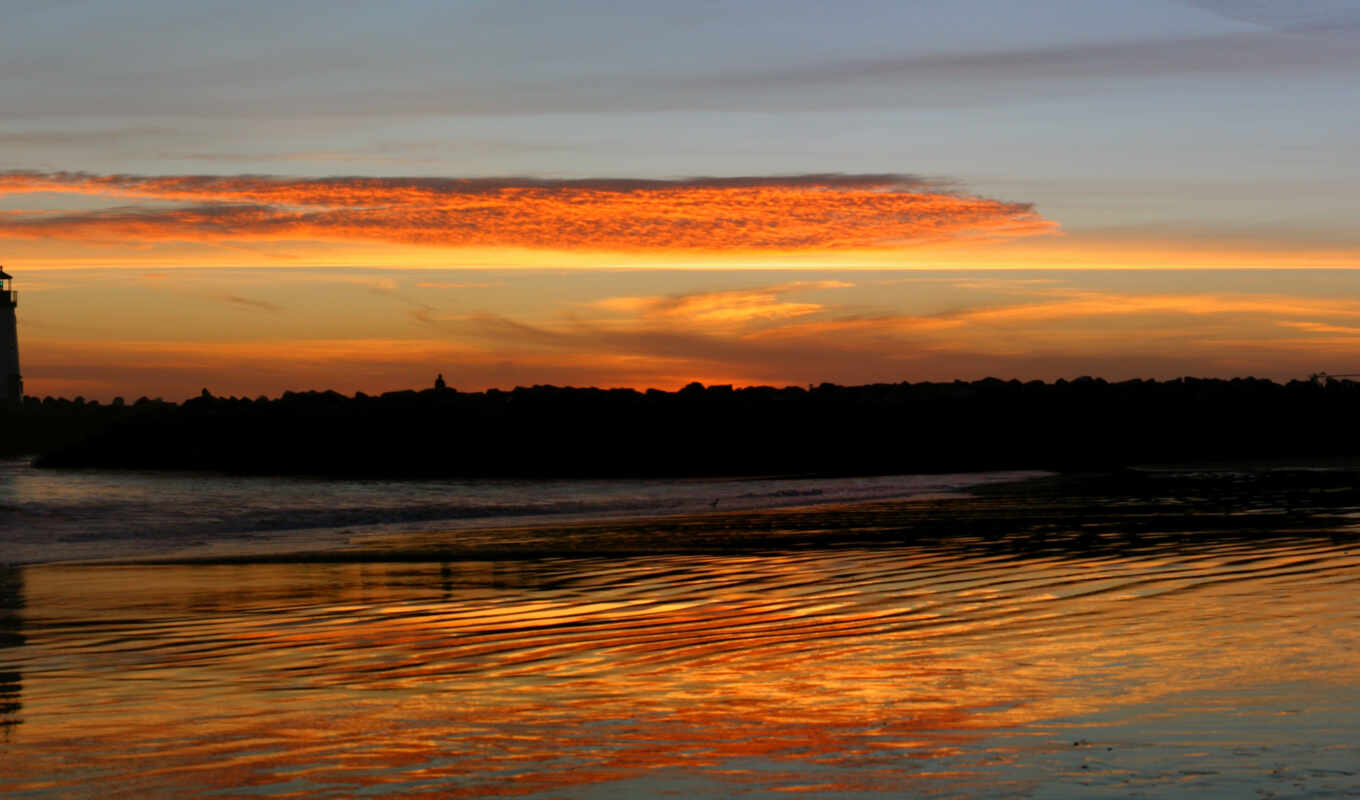 photo, sunset, beach, lighthouse