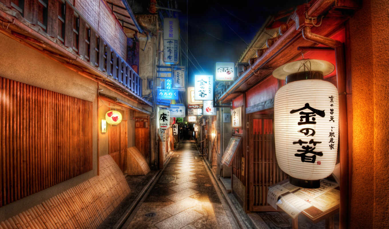 picture, city, night, street, roads, band, Japan, lantern, hieroglyphs, signs
