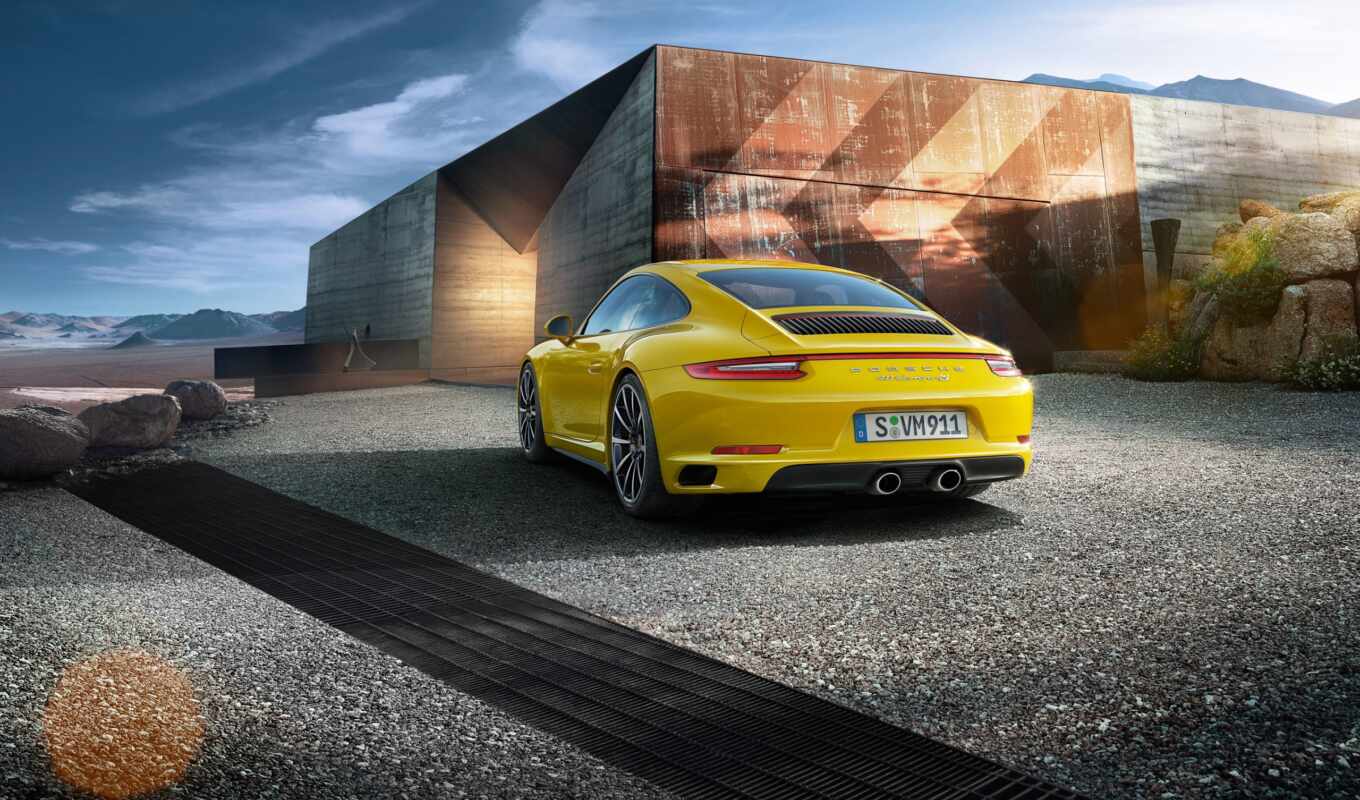view, car, from behind, Porsche, asphalt, yellow, rear, race, supercar, coop, traction