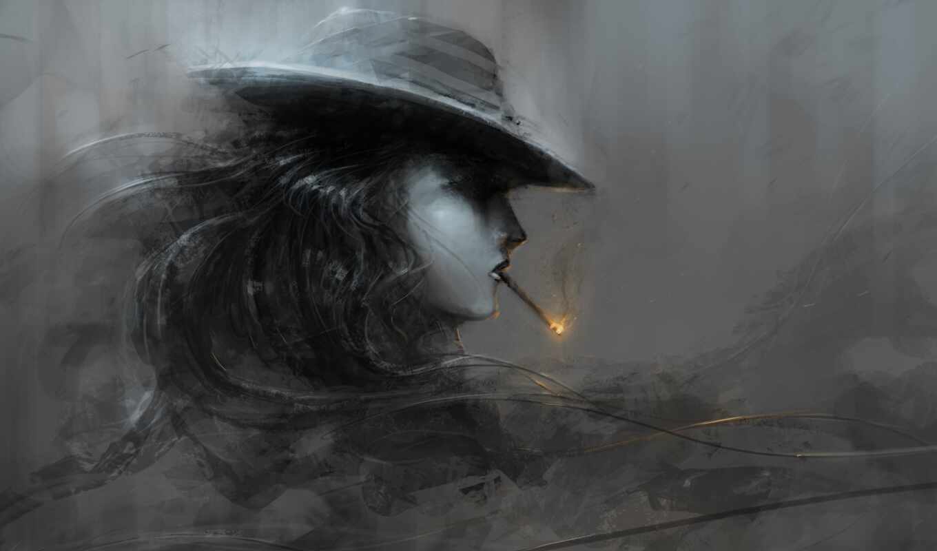 hat, black, girl, cigarette, art, drawing, kartinkin