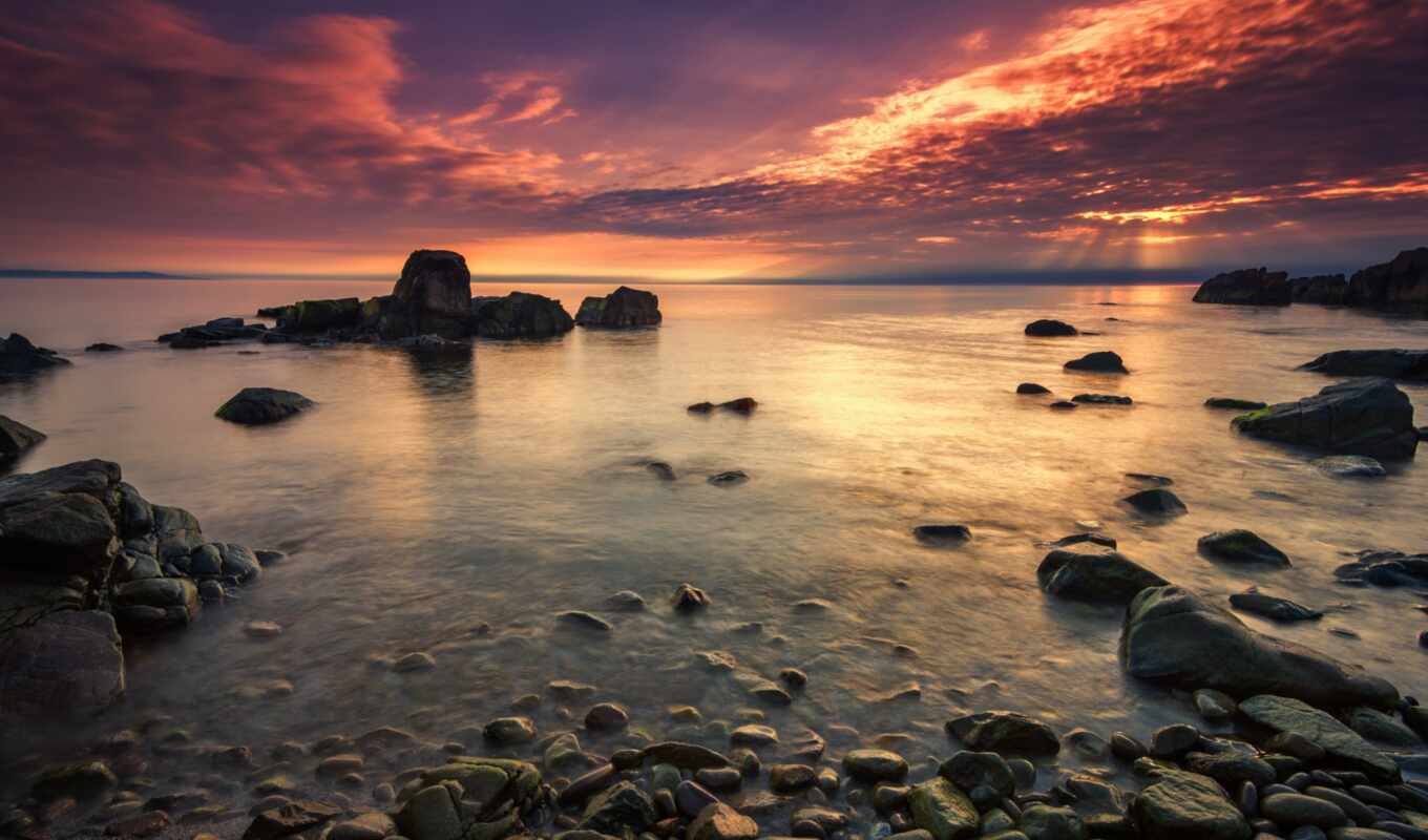 sunset, sunrise, sea, coast, stones, rocks