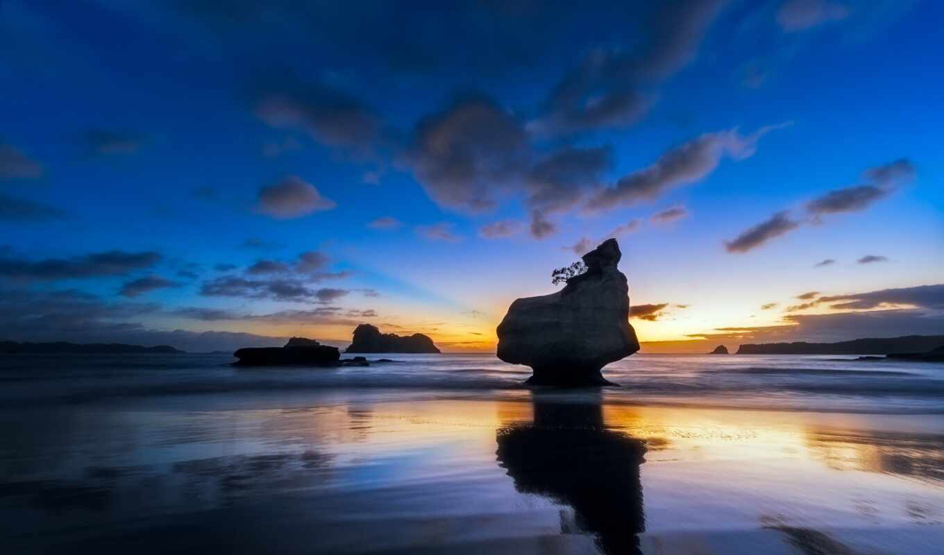 sky, picture, stone, sunset, rock, sea, coast, cloud, the tide