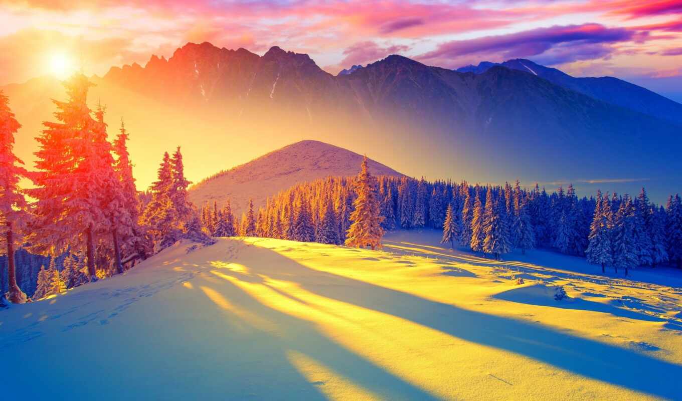 природа, sun, снег, рассвет, winter, гора