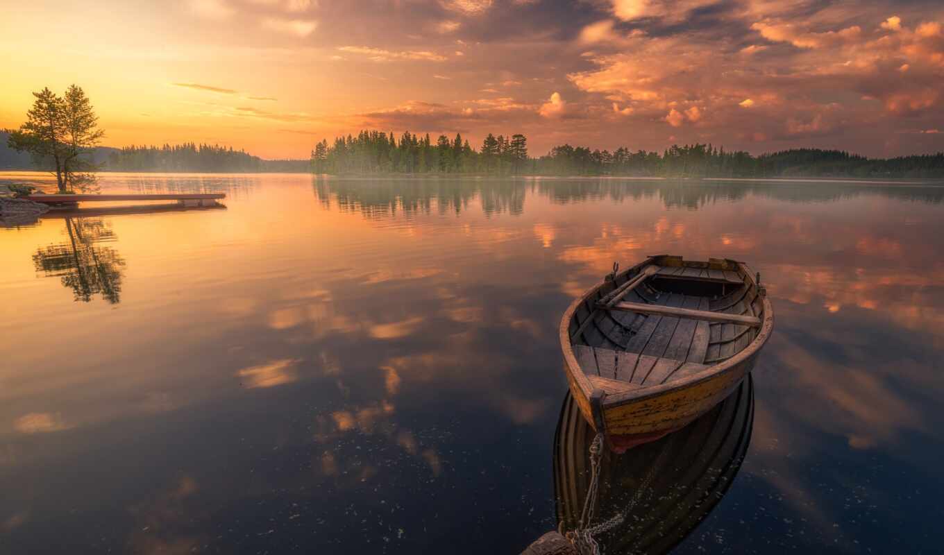 lake, reflection, a boat, Norway, ring cycle
