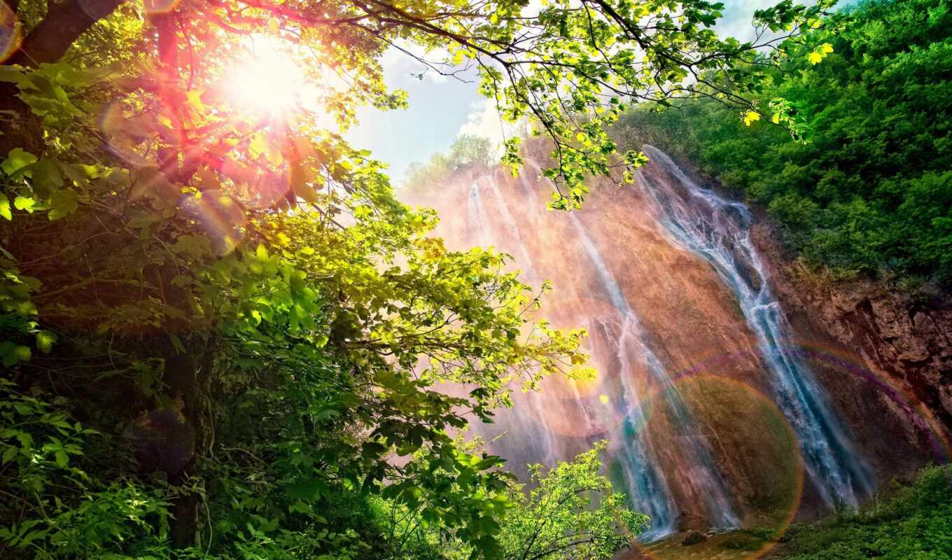 sun, rainbow, landscape, day, bright, waterfall, trees, mountains, highlights, bushes