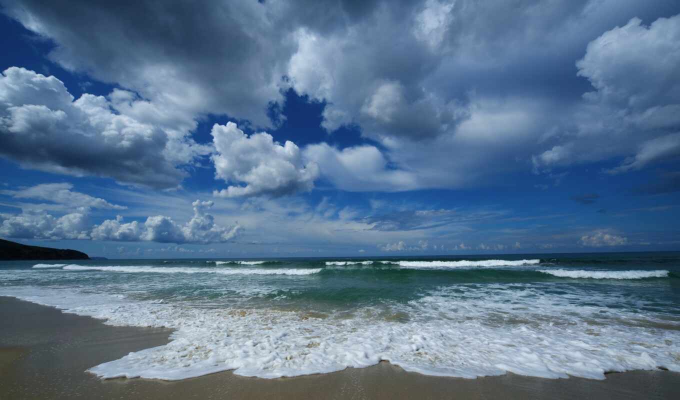 sky, water, beach, sea, coast, sand, horizon, waves, cloud