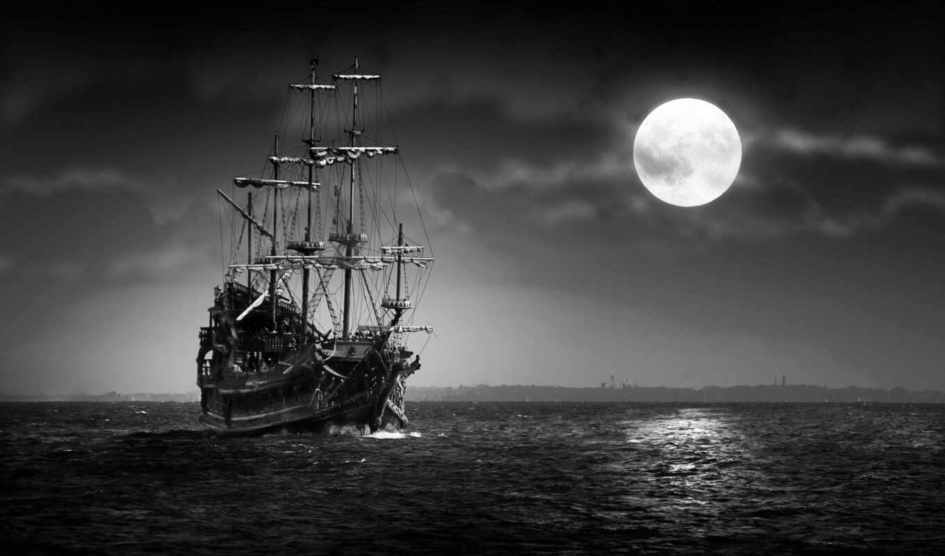 корабль, ночь, луна, море, print, яndex, плакат, collections, sailboat