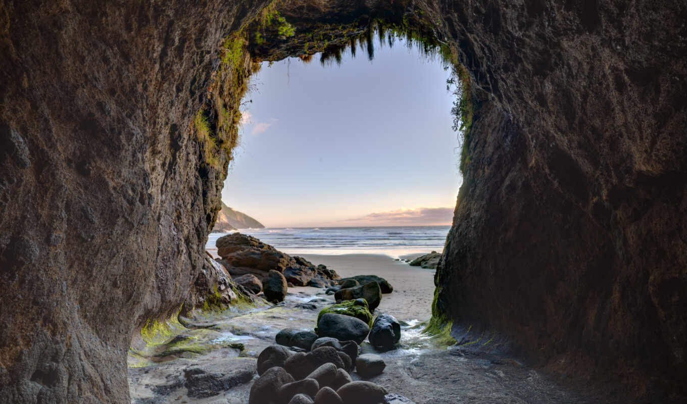 природа, камень, рассвет, пляж, побережье, пещера