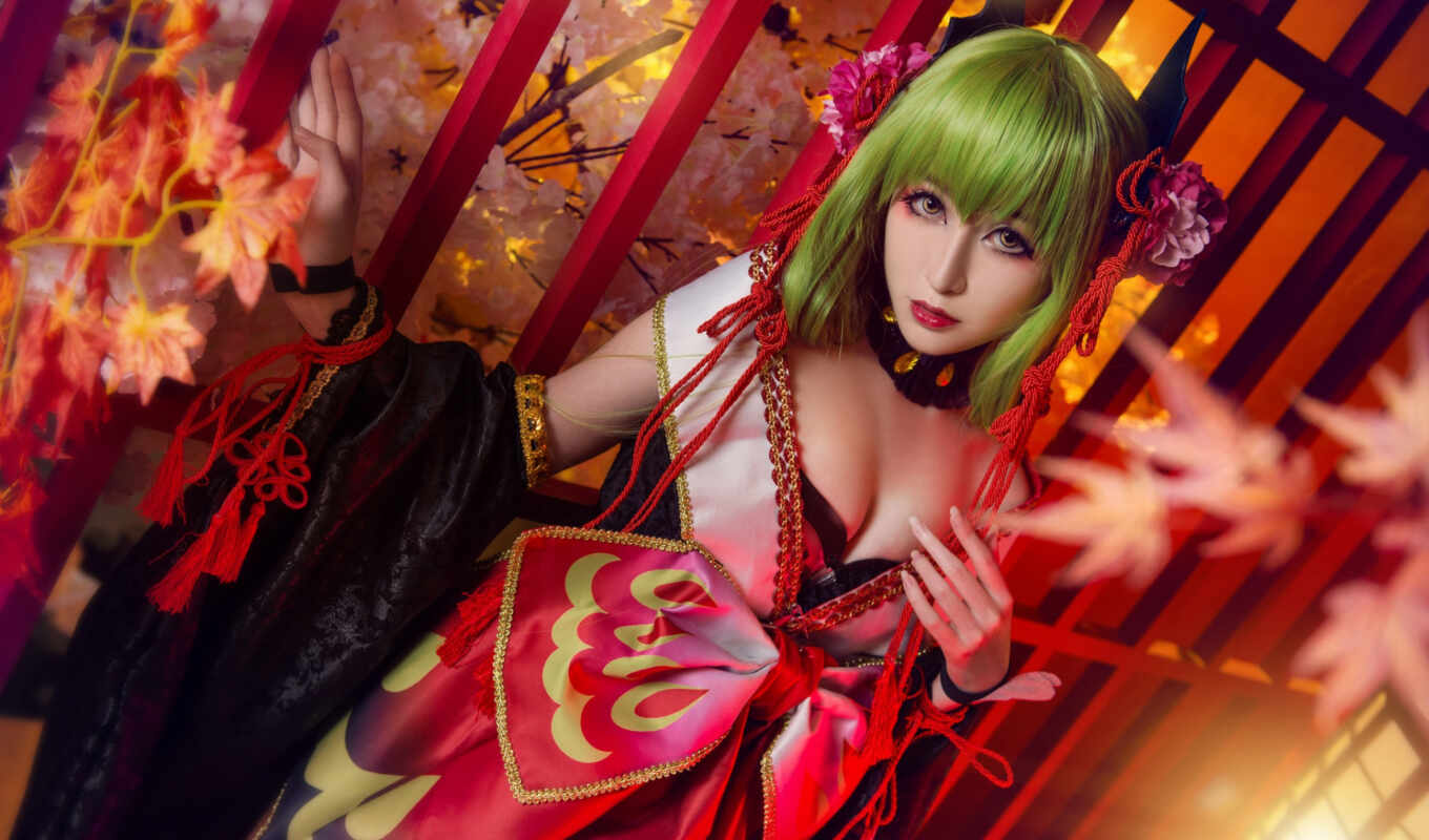 girl, red, green, anime, hair, geass, asian, pose, code, see, cosplay
