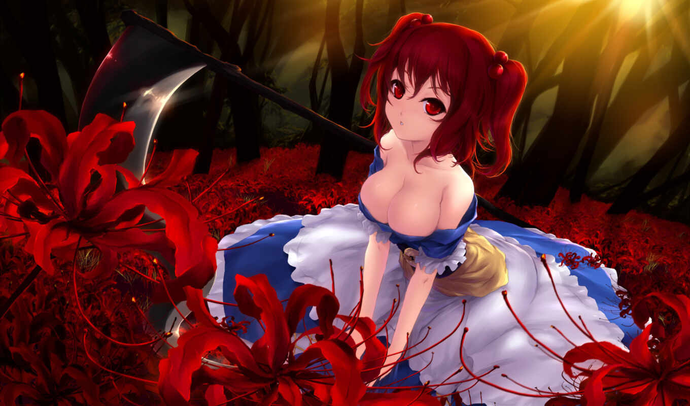 flowers, girl, sits, closely, dress, worth, in the middle, the woods, red, komachi, onozuka, it's a slug, poles, tilly