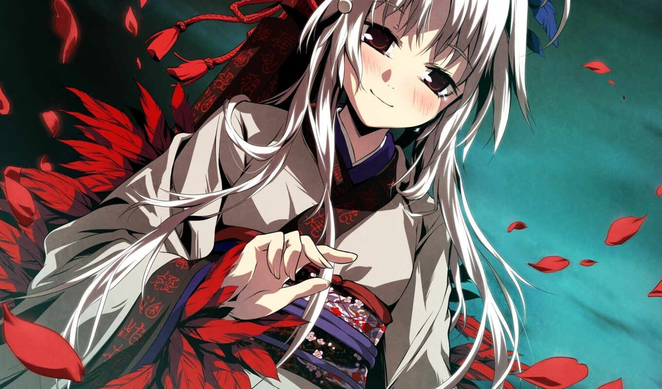 девушка, game, anime, игры, лепестки, кимоно, перья, юката, kamui, kagura, kajiri, yuusuke
