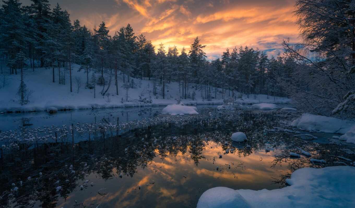 sunset, snow, winter