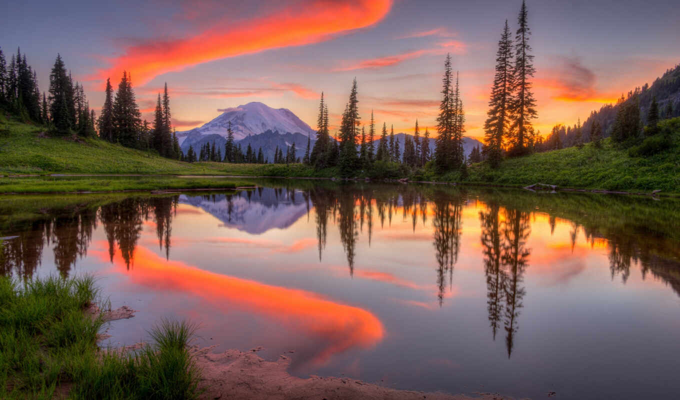 lake, sky, sunset, mountain, park, reflection, national, mount, washington, rainy, fore