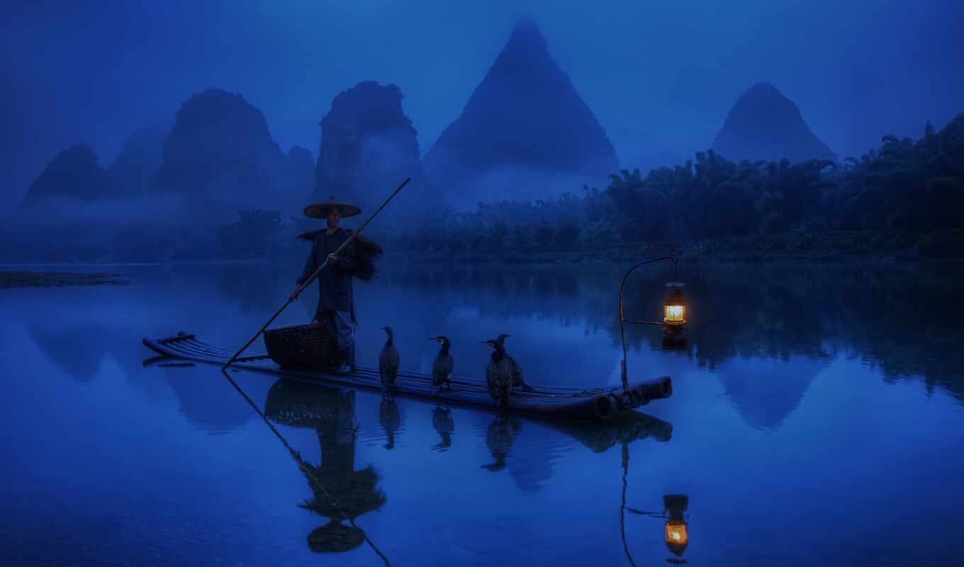 графика, свет, утро, река, туман, лодка, лампа, china, бакланы, рыбак