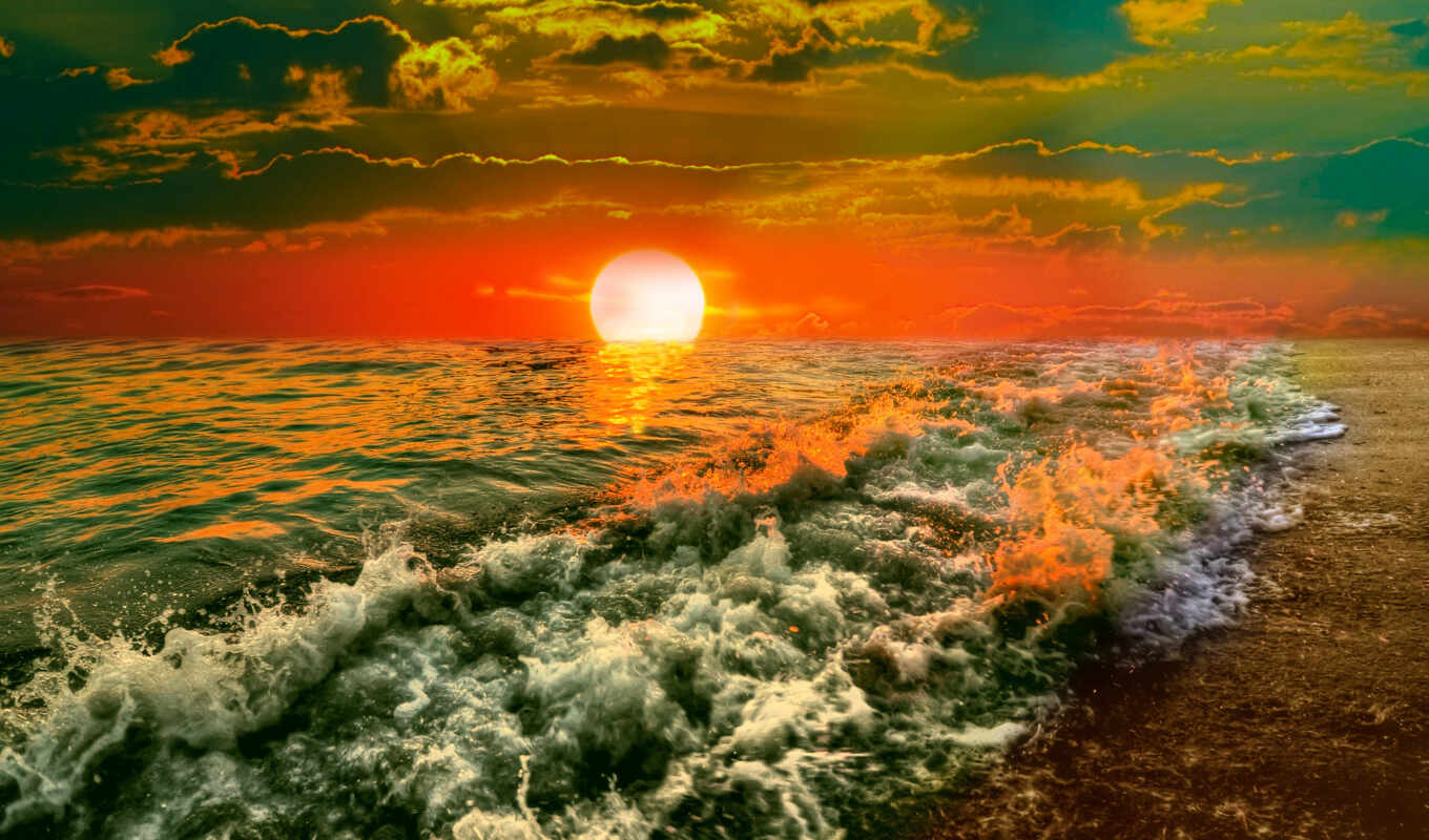 sky, the storm, red, sunset, sea, wave