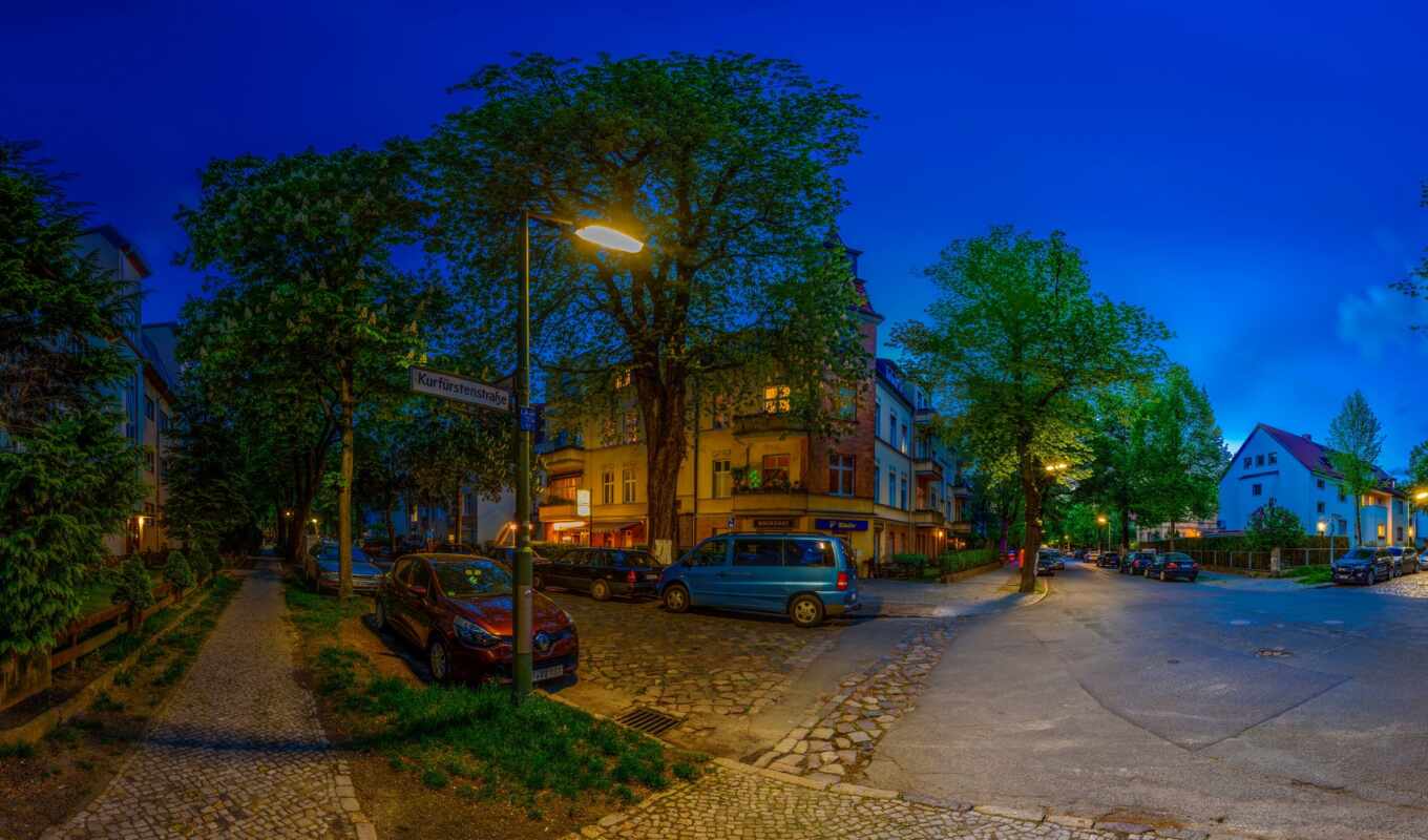 house, tree, night, street, road, lights, Germany, Berlin
