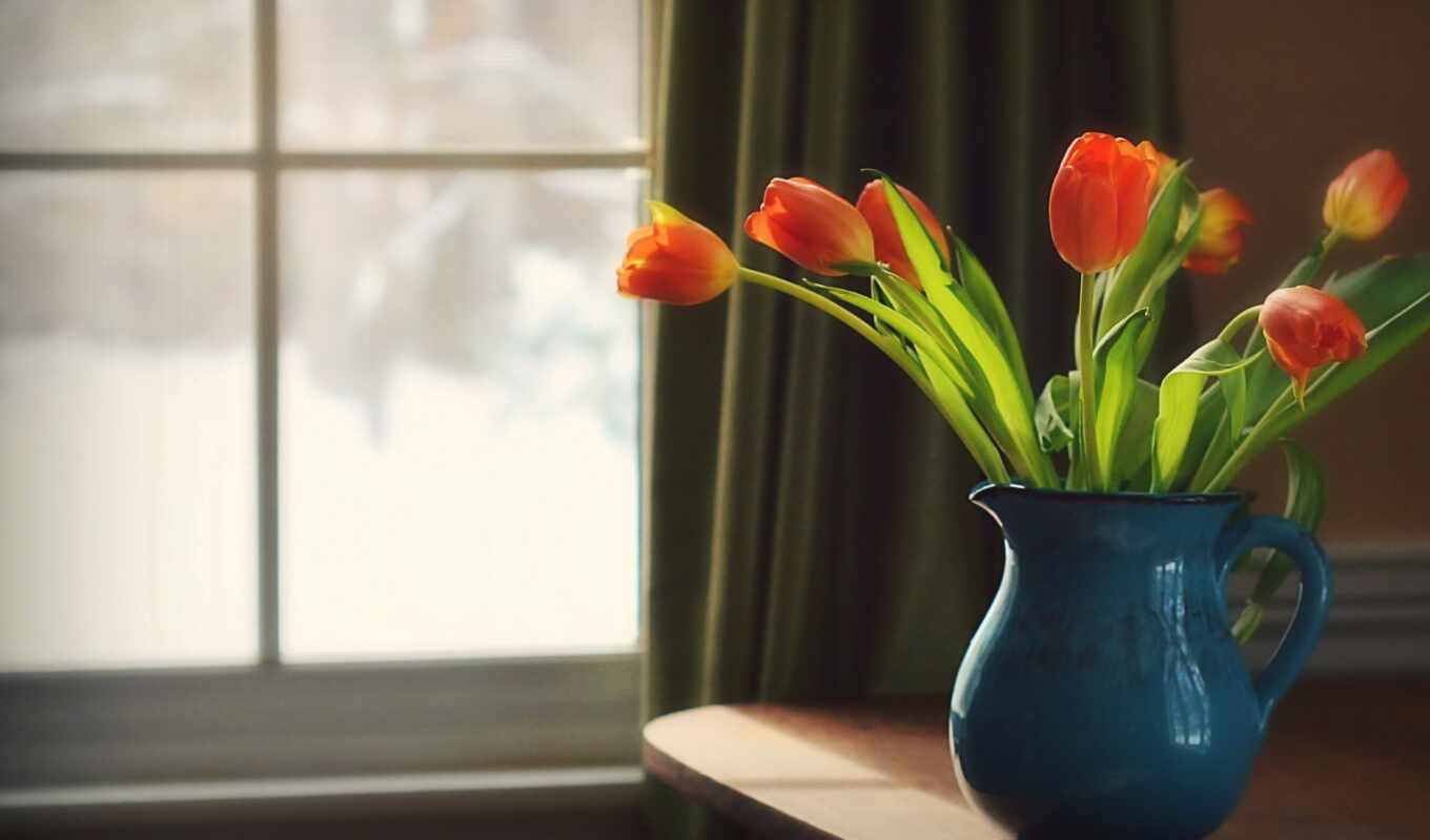 окно, оранжевый, букет, тюльпан, кувшин, funart