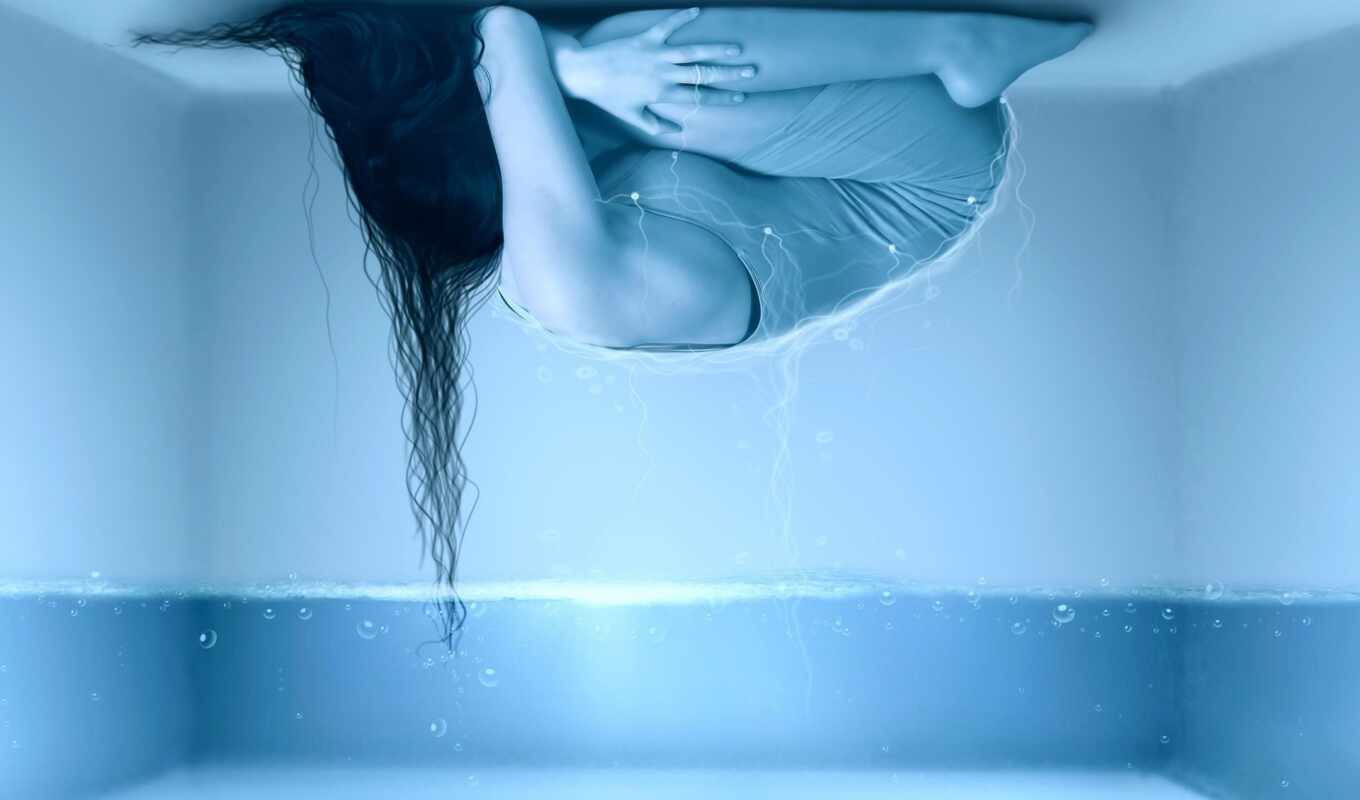 girl, room, water, hair, lies, ceiling, loneliness, bubbles
