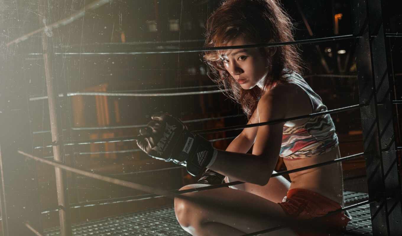 взгляд, девушка, азиатка, asian, тело, спорт, перчатка, бокс