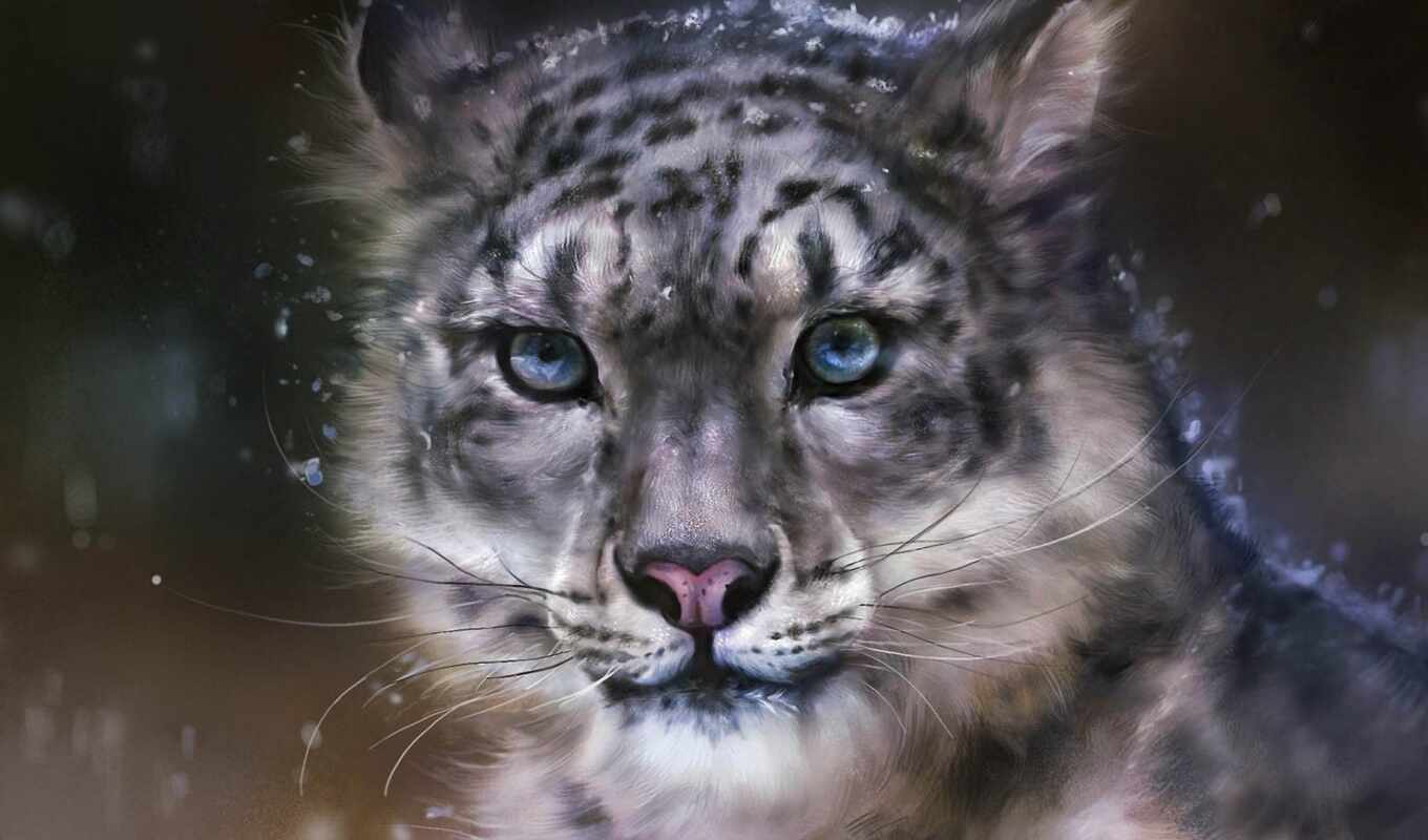 art, mobile, снег, кот, леопард, хищник, wild, animal