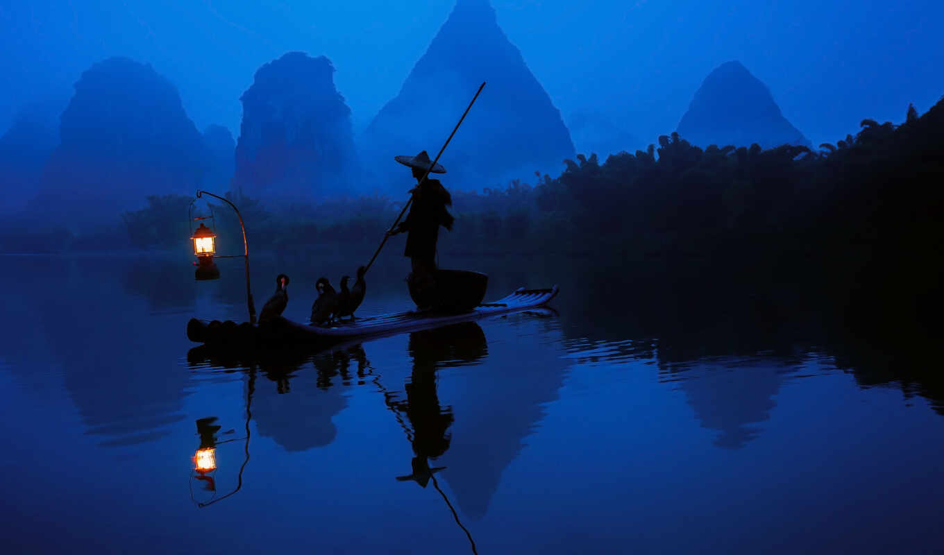 природа, свет, утро, река, лодка, lantern, китаянка, бакланы, рыбак, узком