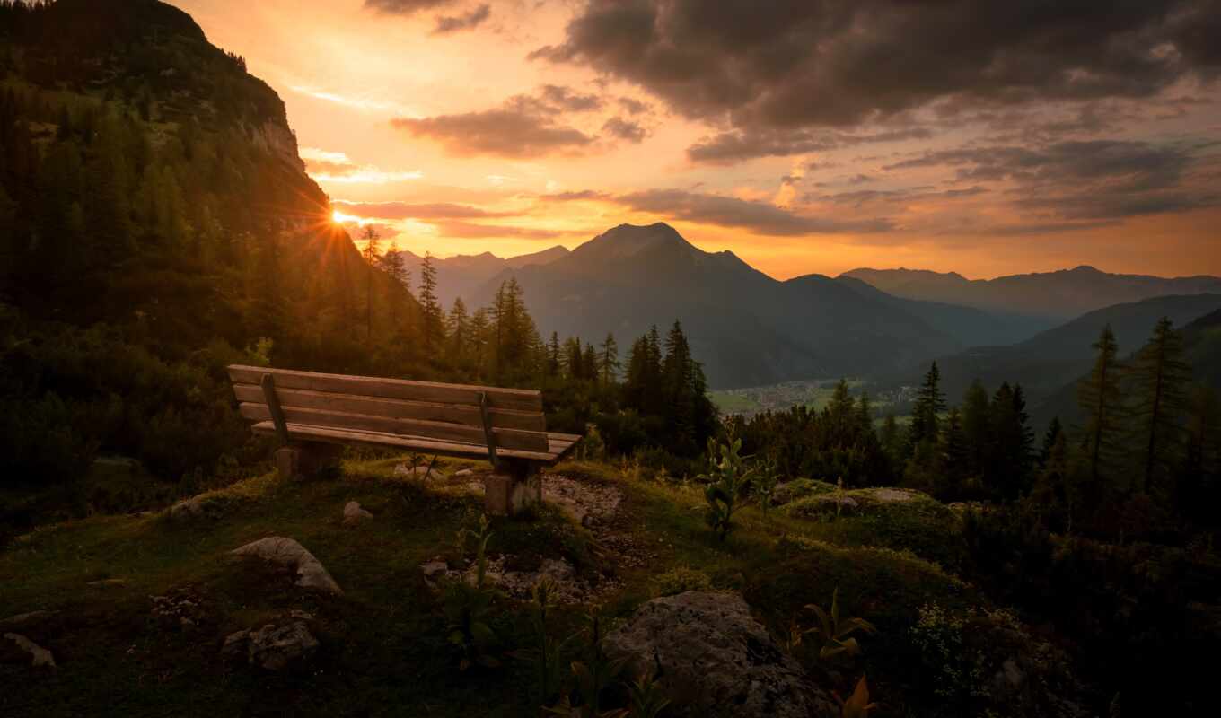 sunset, mountain, Austria, bench, district, tyrol, reutte