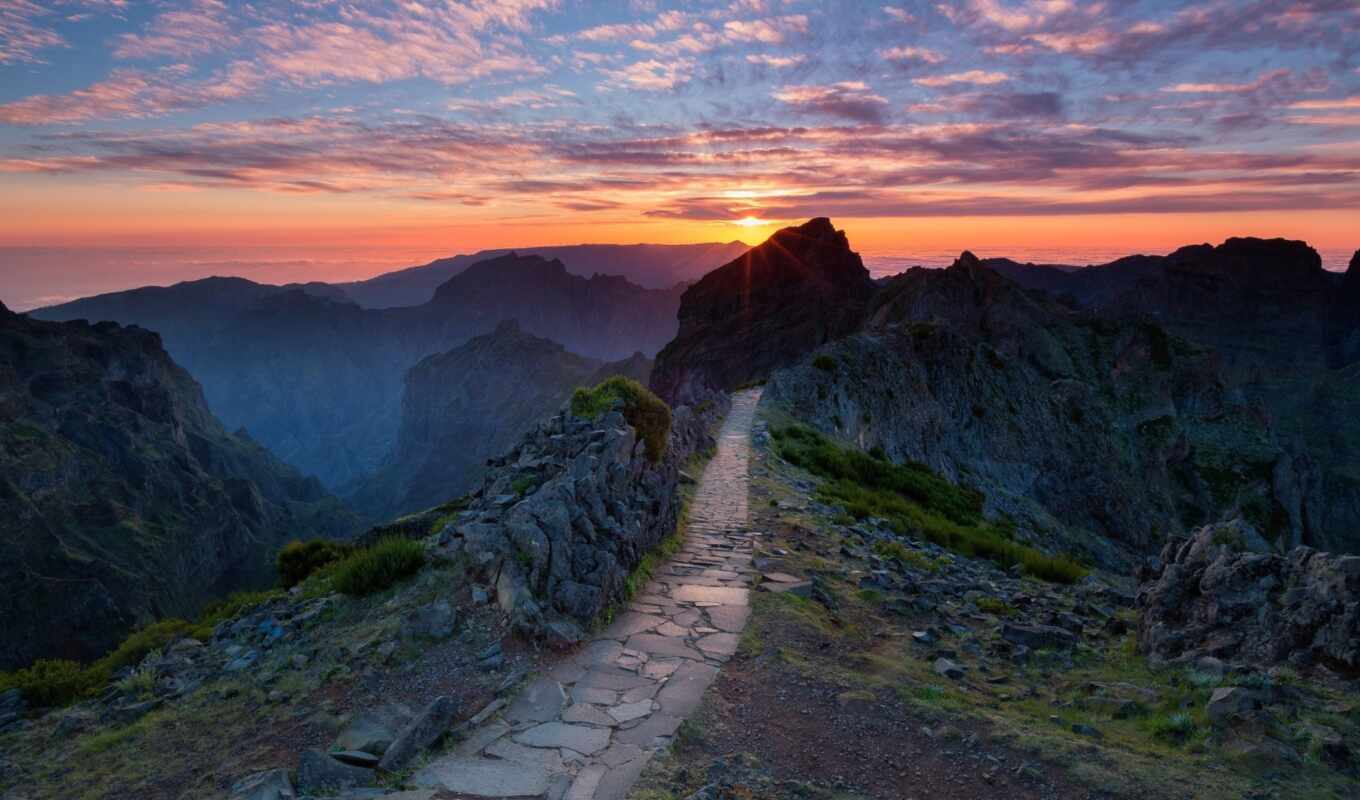 sunset, pink, mountains, path, portugal