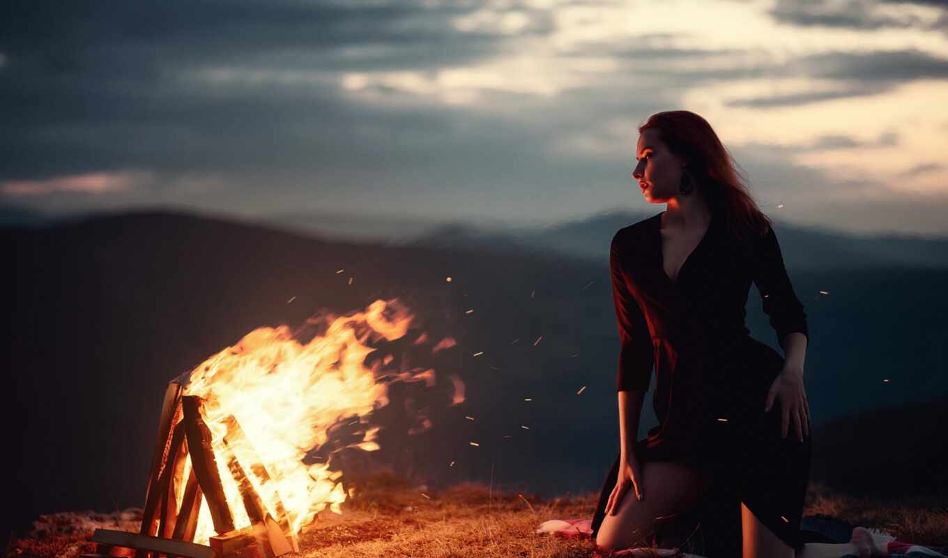 sky, girl, evening, fire, wind, flame, stand, Michael, kostryi