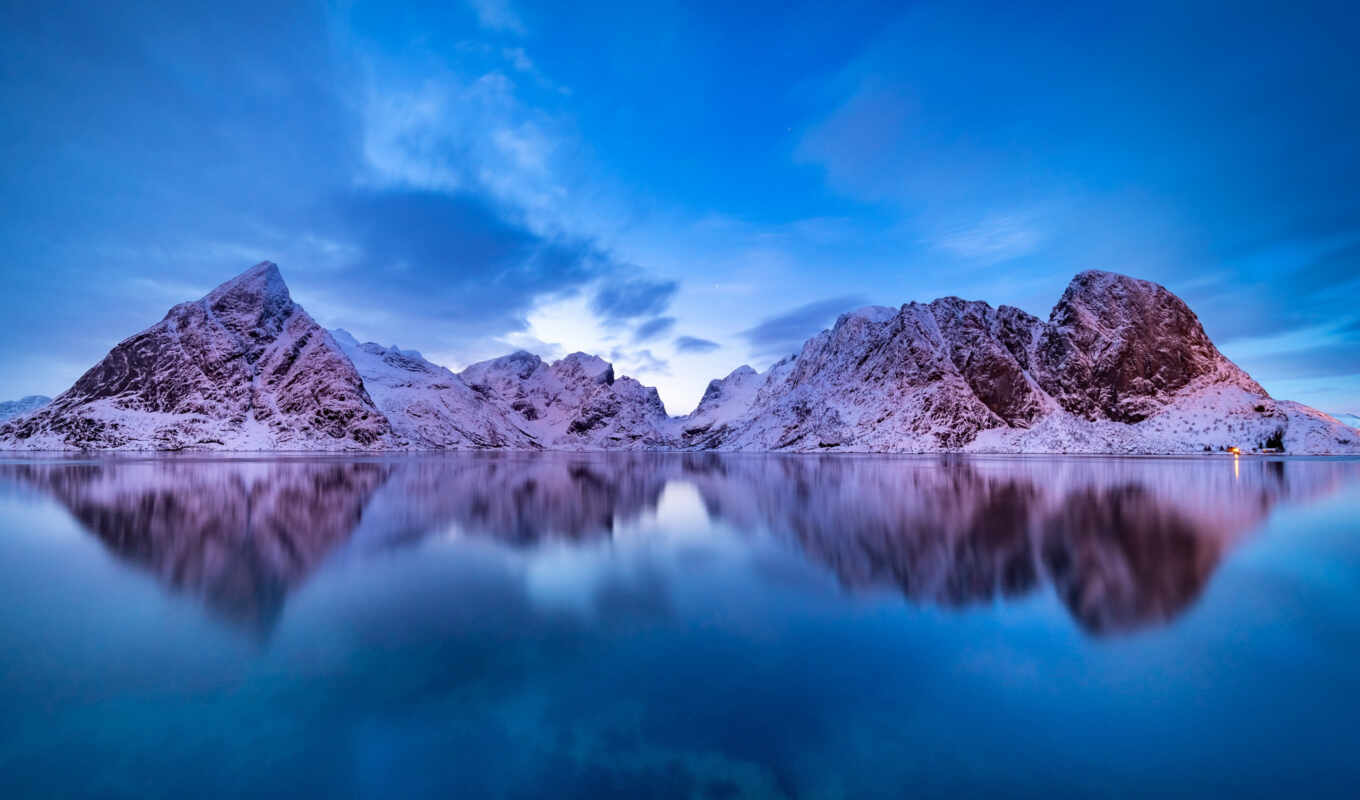 озеро, снег, winter, гора, отражение, норвегия, lofoten