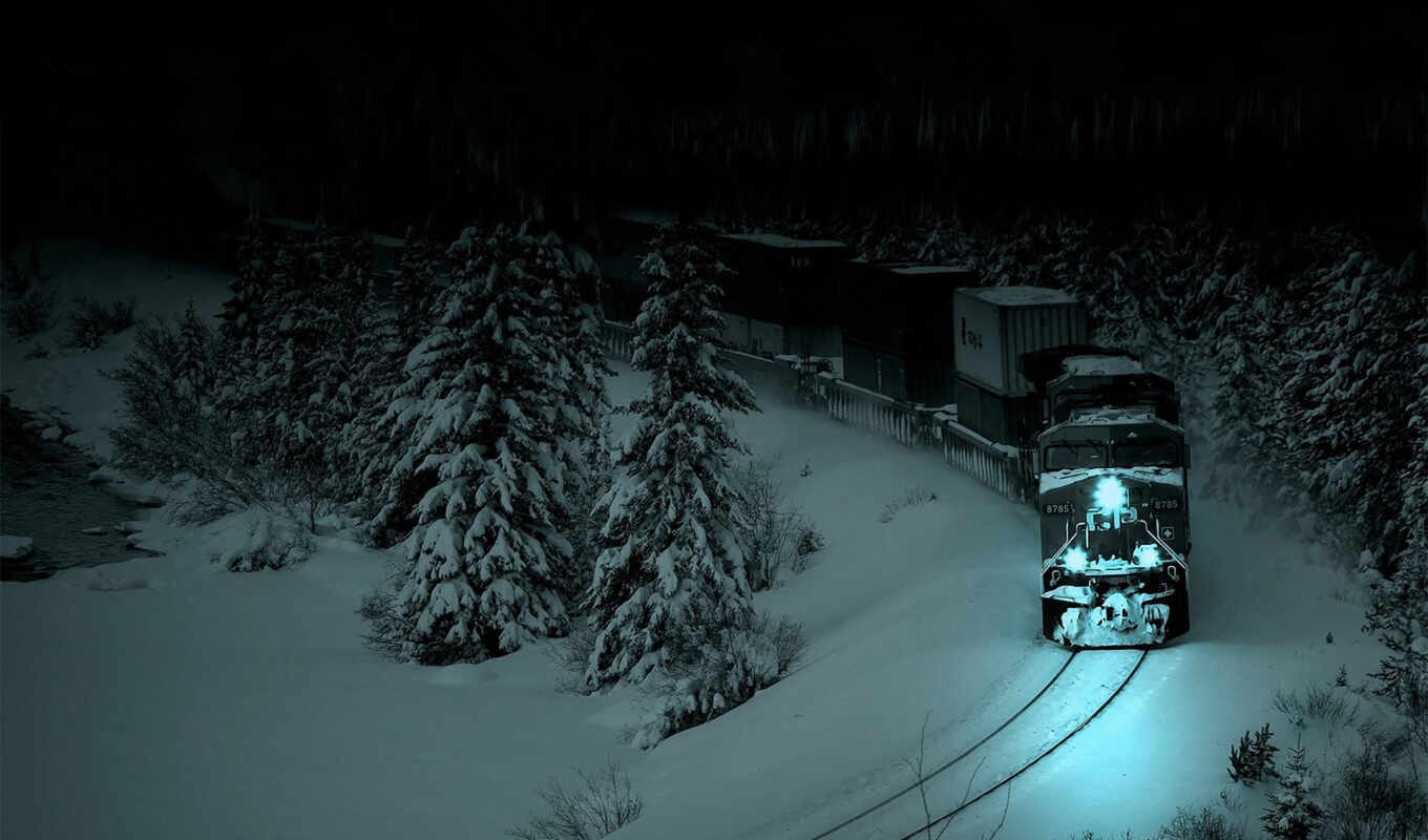night, snow, forest, a train, USA, goes, through