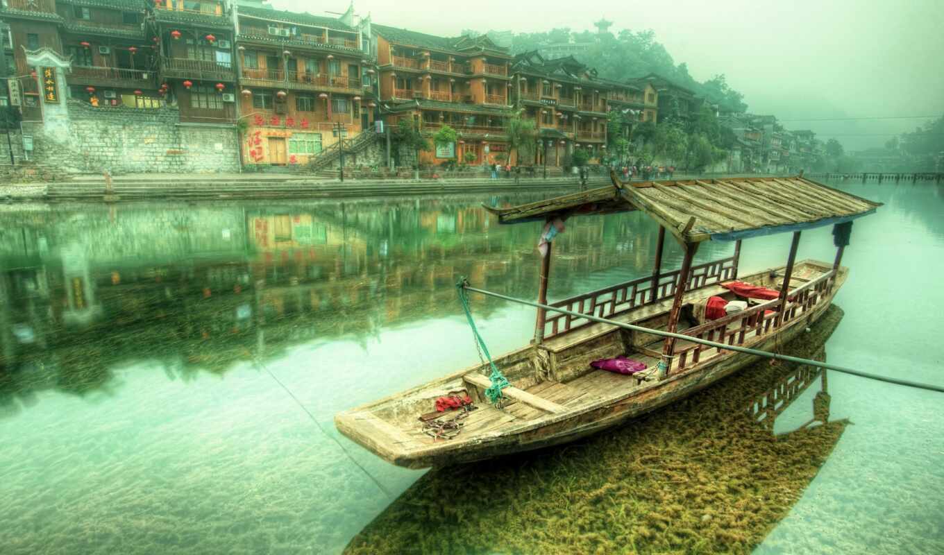 city, water, river, fog, a boat, tea, buddha, transportation