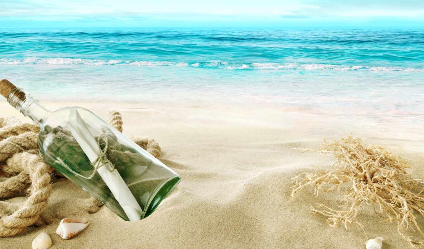 природа, пляж, море, песок, сообщение, буква, бутылка