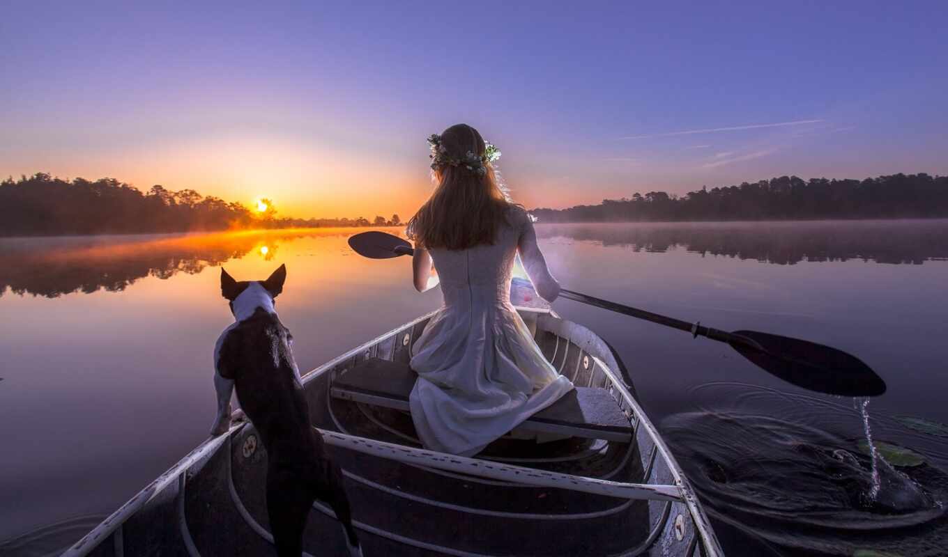 девушка, закат, вечер, собака, река, лодка, лодке, devushki, собакой, весло
