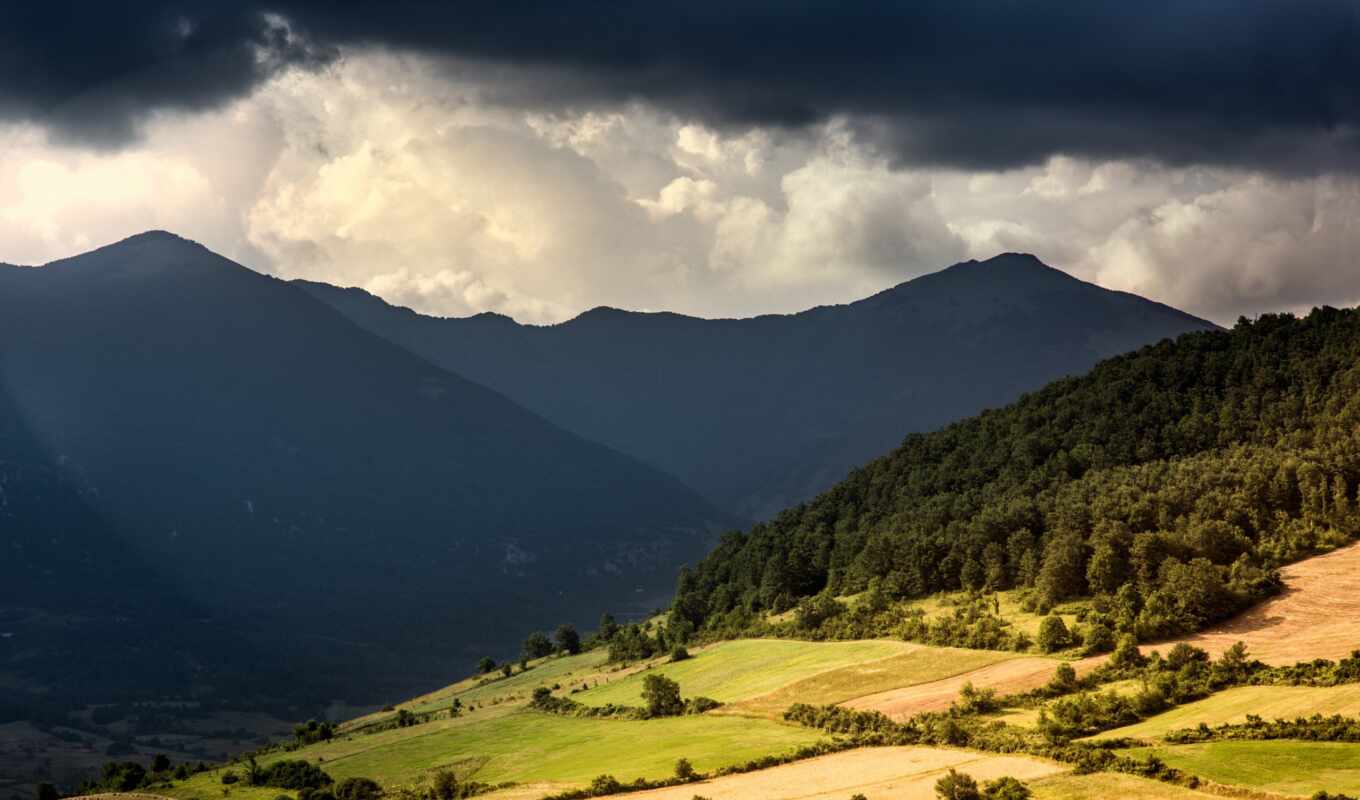 the storm, trees, mountains, per, valley, clouds, sunshine, here, cloud