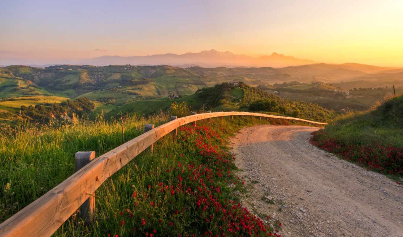 nature, sunset, road, landscape, italian, cvety, italy, mountains, hills, margin