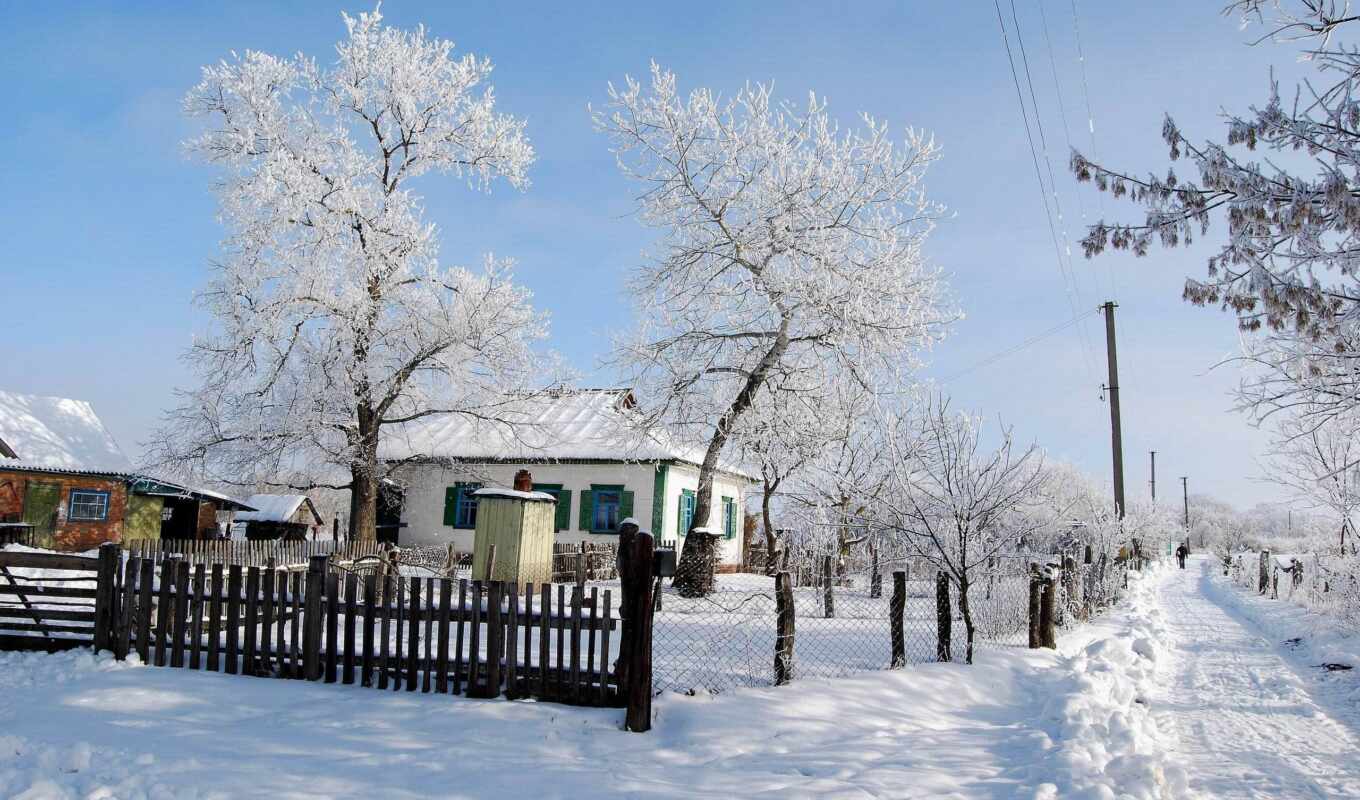 winter, landscape, деревня