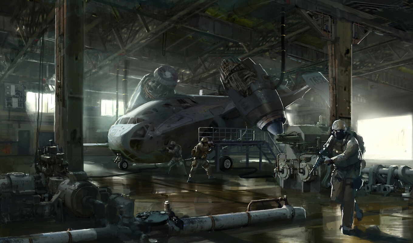 art, large format, picture, weapon, fantasy, sci, hangar, military
