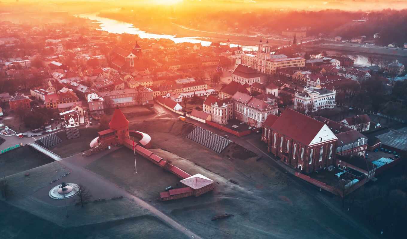city, night, aerial, Lithuania, Kaunas
