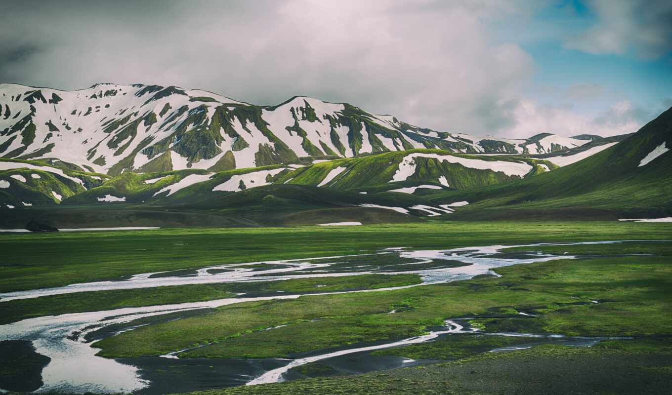 green, stone, grass, snow, mountain, river, iceland, photo wallpapers, previe, landmannalagar