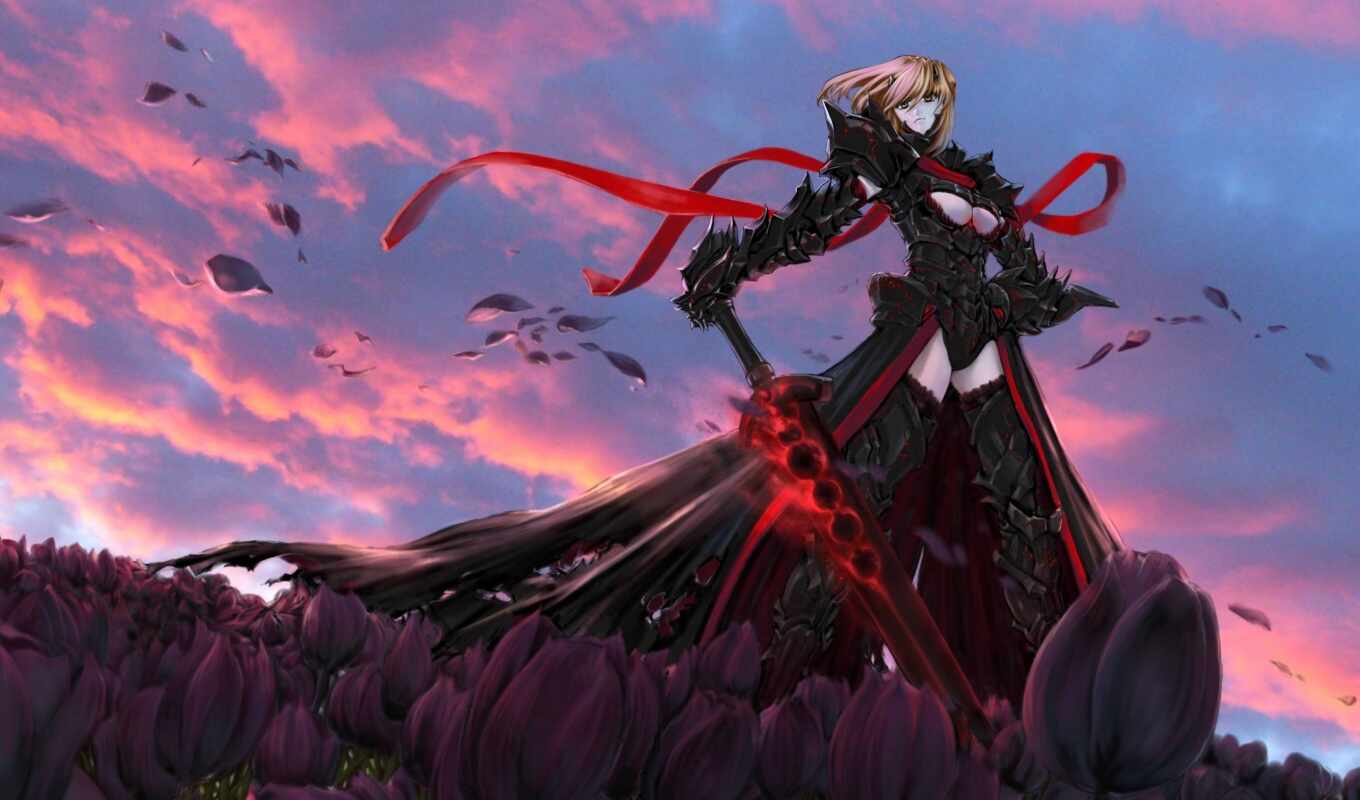 the clouds, girl, black, picture, sunset, anime, warrior, sword, face, colour, tulips, even, saber